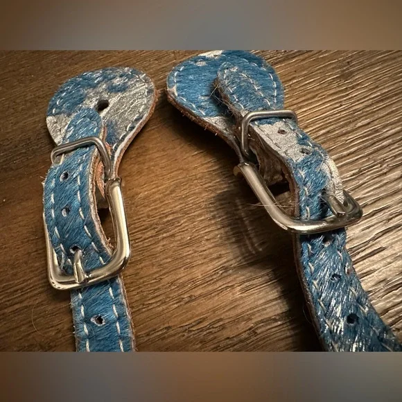 Horse Tack - Faux Cowhide Blue & Silver Western Spur Straps - Picture 2 of 3